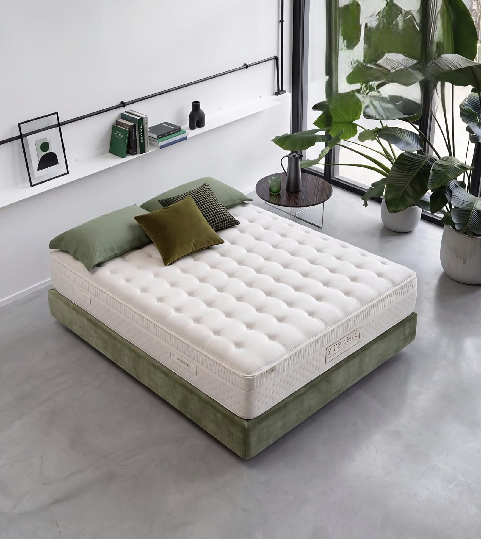 Colchón SweetBedding Dinasty sobre base tapizada verde en un dormitorio luminoso